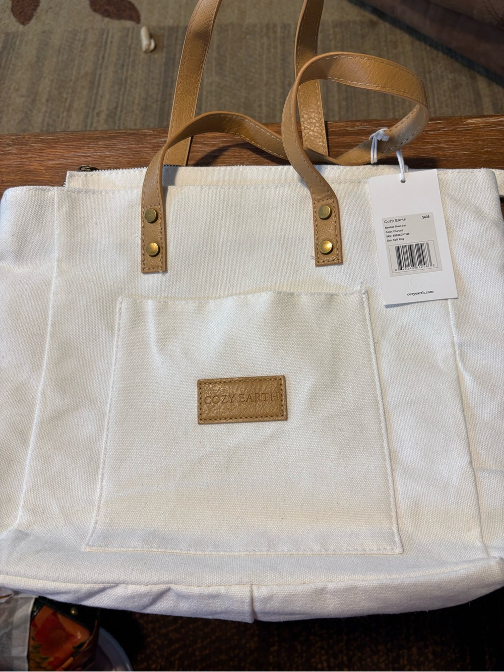 Cozy Earth White Canvas Tote with Tan Handles
